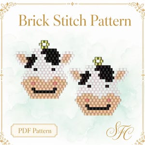 May include: A digital Brick Stitch Pattern featuring two cow head designs. The cows are rendered in white, black, and tan beads with small pink accents for cheeks. Each cow head has a gold jump ring at the top. The text reads Brick Stitch Pattern.