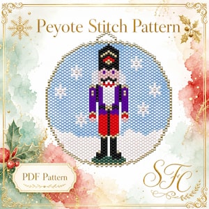 May include: A circular peyote stitch pattern featuring a nutcracker soldier in a black hat, purple jacket, and red trousers against a light blue background with white snowflakes. The text reads Peyote Stitch Pattern and PDF Pattern.