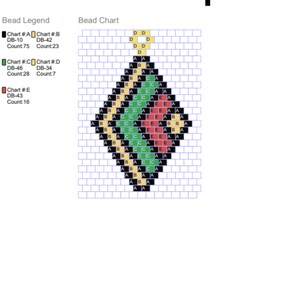May include: A beading chart for a diamond-shaped design. The chart uses five colors: black, yellow, green, red, and white. The chart is labeled "Little Diamond" and includes the bead legend and bead chart.