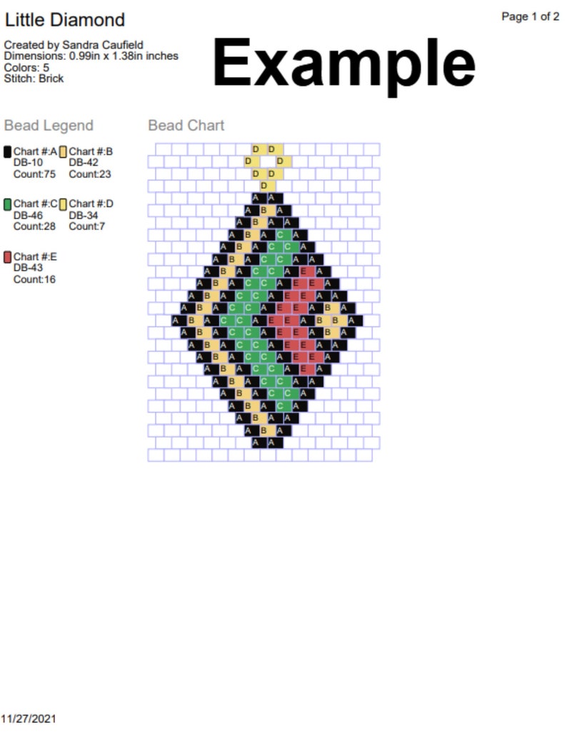 May include: A beading chart for a diamond-shaped design. The chart uses five colors: black, yellow, green, red, and white. The chart is labeled "Little Diamond" and includes the bead legend and bead chart.