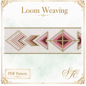 May include: A digital PDF pattern for loom weaving featuring a repeating geometric design of diamonds and triangles in shades of pink, burgundy, and gold beads on a white background. The text Loom Weaving and PDF Pattern are visible.