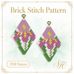 May include: A digital Brick Stitch Pattern PDF featuring two diamond-shaped beaded earring designs. The patterns display a floral motif in shades of purple, yellow, white, and green, each topped with a small gold-colored jump ring loop.