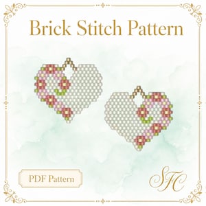 May include: A digital Brick Stitch Pattern featuring two heart-shaped designs. Each heart is composed of small square beads in white, with a floral motif in pink, green, and yellow. The text Brick Stitch Pattern and PDF Pattern are visible.