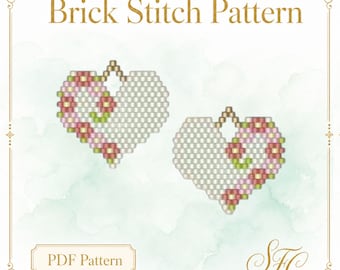 May include: A digital Brick Stitch Pattern featuring two heart-shaped designs. Each heart is composed of small square beads in white, with a floral motif in pink, green, and yellow. The text Brick Stitch Pattern and PDF Pattern are visible.