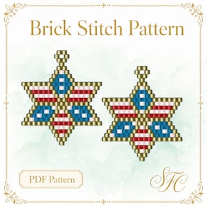 May include: A digital PDF pattern titled Brick Stitch Pattern featuring two six-pointed star designs made of gold, red, white, and blue beads. Each star has a small loop at the top for hanging. The text PDF Pattern is visible in a box.