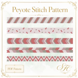 Könnte beinhalten: Ein digitales PDF-Muster mit dem Titel Peyote Stitch Pattern, das fünf verschiedene horizontale Perlenstickerei-Designs zeigt. Jede Reihe zeigt eine einzigartige geometrische Anordnung kleiner quadratischer Perlen in Rot, Weiß und Grau, umrahmt von goldenem Filigran.