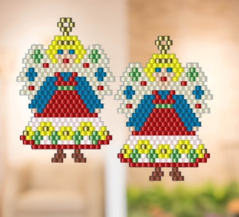 May include: Two beaded angel ornaments with white, red, blue, green, and yellow beads. The angels have a halo, wings, and a dress.