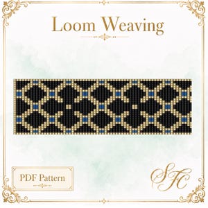 May include: A digital PDF pattern for loom weaving featuring a repeating geometric grid design. The pattern consists of black, gold, and blue beads arranged in a lattice structure. The text 'Loom Weaving' and 'PDF Pattern' are visible on the page.