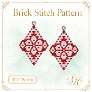 May include: A digital illustration of a brick stitch pattern featuring two diamond-shaped beaded earring designs in red and white. The text Brick Stitch Pattern and PDF Pattern are visible. The design includes small metallic loops at the top.