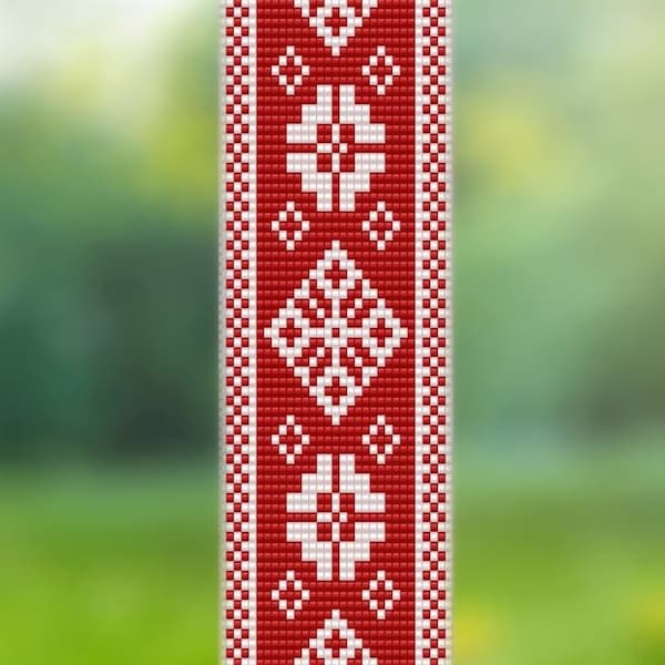 Scandinavian Red Loom  Seed Bead Bracelet Pattern Chart PDF - Instant Download