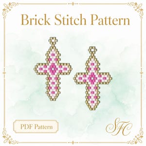 May include: A Brick Stitch Pattern PDF featuring two cross-shaped designs made of gold, white, and pink beads. The text Brick Stitch Pattern is at the top, and PDF Pattern is in a box at the bottom left, with the initials SFC in the bottom right.
