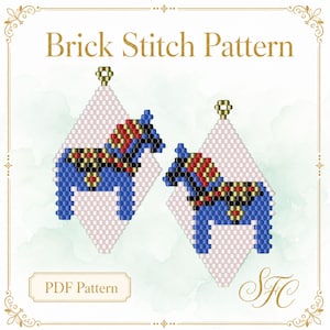 May include: A brick stitch pattern PDF featuring two diamond-shaped beaded horse designs. The horses are blue with black, red, and gold accents on a pale pink background. Each design includes a small gold jump ring at the top for hanging.