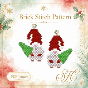 May include: A brick stitch pattern PDF featuring two gnome designs. Each gnome wears a red hat with a white pom-pom and holds a green Christmas tree. The gnomes are rendered in a pixelated style with white bodies and red accents, each topped with a small gold jump ring.