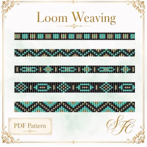 May include: A digital PDF pattern titled Loom Weaving featuring five horizontal rows of beadwork designs. Each row displays a repeating geometric pattern in black, turquoise, and metallic gold beads. The document includes the text Loom Weaving and PDF Pattern.