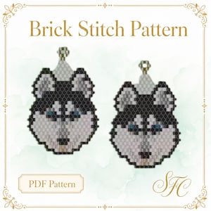 May include: A digital Brick Stitch Pattern featuring two identical beaded husky dog head designs. Each husky has black, white, and grey beads with blue eyes and a small metal jump ring at the top. The text Brick Stitch Pattern and PDF Pattern is visible.