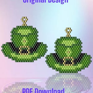 May include: Two beaded green leprechaun hats with black bands and gold accents. The hats are detailed with a pixelated design. The text "Original Design" and "PDF Download" are displayed in purple.
