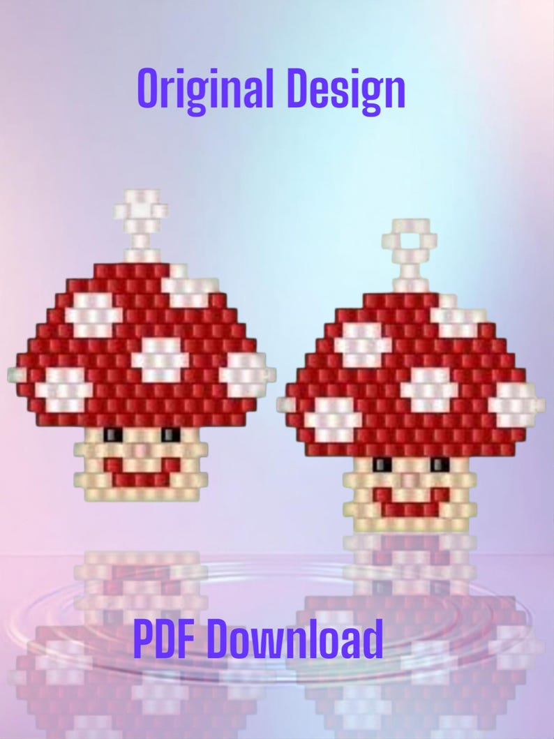 Puede incluir: Dos dijes de hongo estilo pixel art hechos de peque&ntilde;as cuentas cuadradas. Cada hongo tiene un sombrero rojo con puntos blancos, un tallo beige y una cara sonriente. El texto Original Design y PDF Download aparece en la imagen.