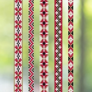 Puede incluir: Cinco patrones de abalorios diferentes en rojo, blanco, negro y dorado. Los patrones son todos verticales y se muestran sobre un fondo verde borroso.