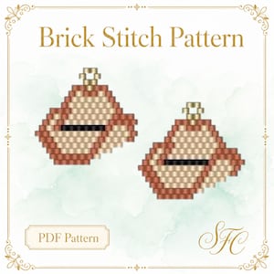 May include: A digital Brick Stitch Pattern featuring two beadwork designs in shades of copper, tan, and black. Each design is shaped like a small pouch with a gold-colored loop at the top. The text reads Brick Stitch Pattern and PDF Pattern.