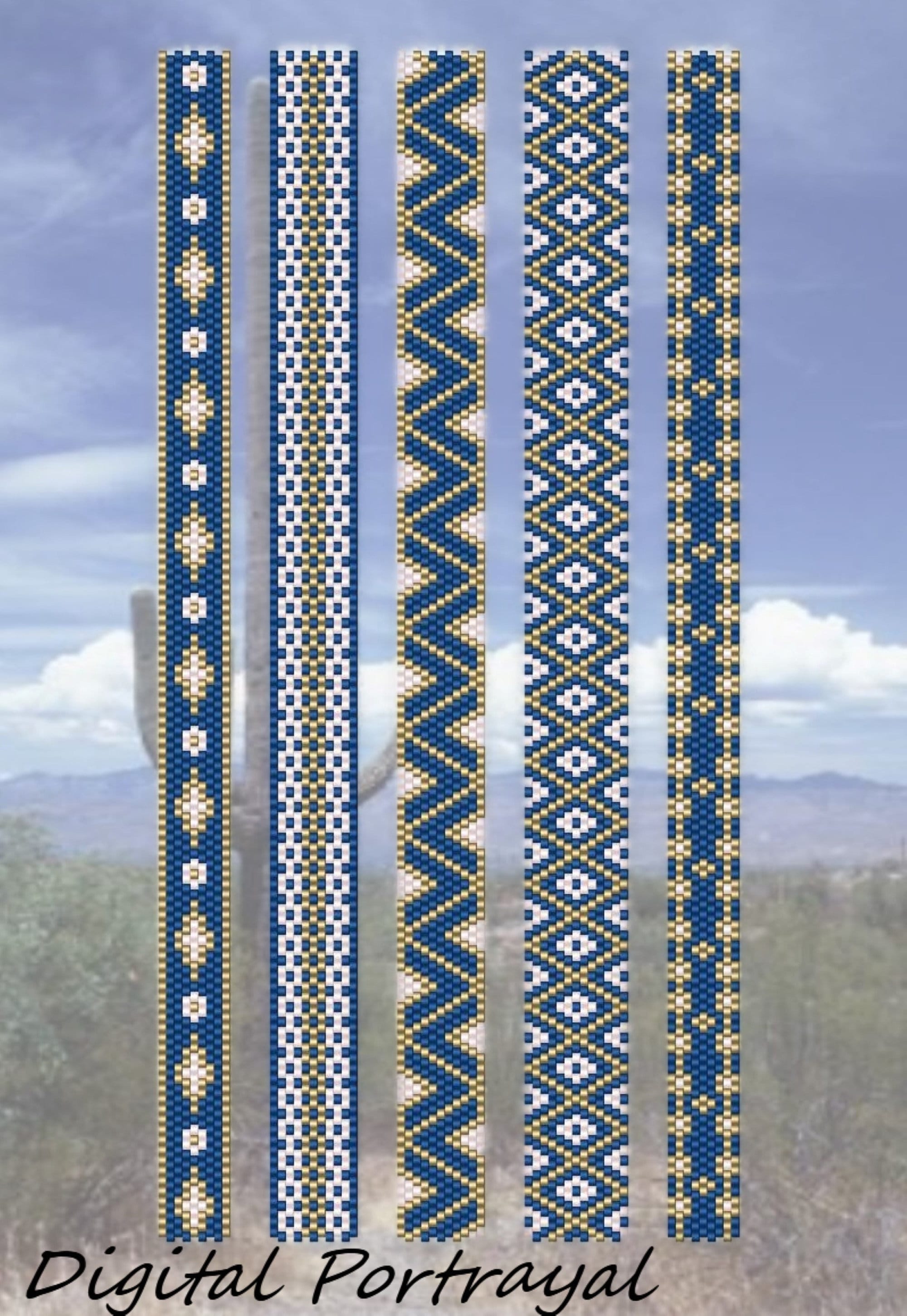 Fill Your Wrist - 5 Narrow Peyote Seed Bead  Bracelet Patterns PDF - Blue and Gold - Graph Chart Only - No Word Chart - Instant Download