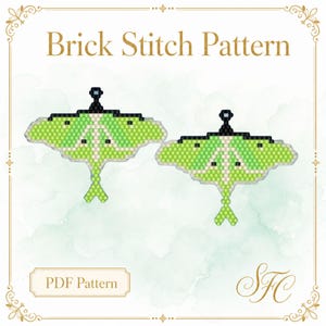 May include: A Brick Stitch Pattern PDF Pattern featuring two lime green and white moth designs with black accents. The moth illustrations are composed of small square pixels, showing a symmetrical wing shape with a long tail and a black top loop.