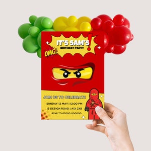 Ninja-verjaardagsuitnodiging, Ninjago bewerkbare canvas uitnodigingssjabloon, afdrukbare, instant digitale download, tekst of print