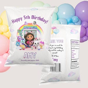 Digital Gabby&#39;s Dollhouse Birthday Treat Bag, Snacks Bag, Chip Bag, Crisp Packet Editable Canva Template, Printable Instant Digital Download
