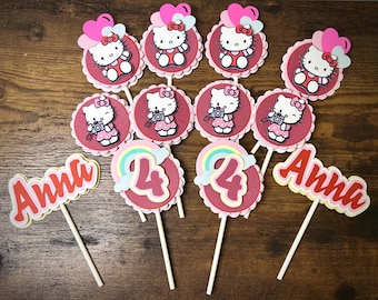 Personalized Kitty Cupcake Toppers, Birthday Party Set of 12