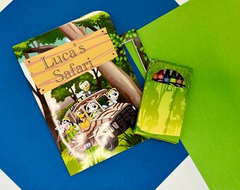 May include: A green and yellow coloring book with a safari theme. The cover features a jeep with Mickey Mouse and friends. The title of the book is "Luca's Safari". The book comes with a box of crayons.