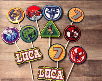 Personalized Spider & Friends Cupcake Toppers, Superhero Birthday