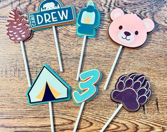 Personalized Camping Cupcake Toppers, Camp Birthday Party Set of 12