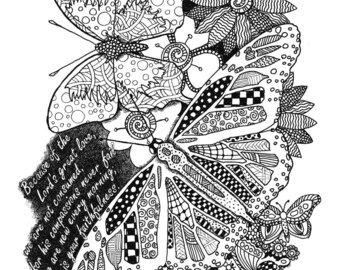 Coloring Page Hand Drawn Butterflies and Flowers with scripture verse
