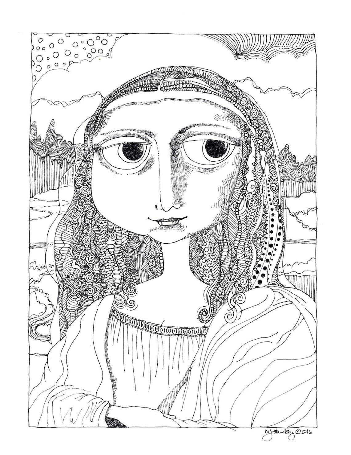 Coloring Page Hand Drawn Whimsical Mona Lisa Etsy