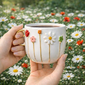 Floral Handmade Ceramic Mug Gift Set, 24KGold Accents, Self-Care Ritual, Tea Gift for Mom, Birthday, Mother's Day, Unique Pottery Coffee Mug