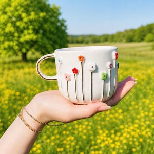 Handgefertigter Keramikbecher, Kaffeetasse mit Gänseblümchenmuster (24 Karat Gold), floraler Keramikbecher, Geschenk für Sie