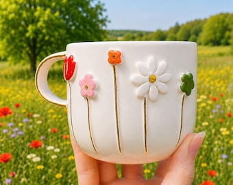 Handmade Ceramic Coffee Mug with 24K Gold Accents, Hand-Painted Floral Gift Set
