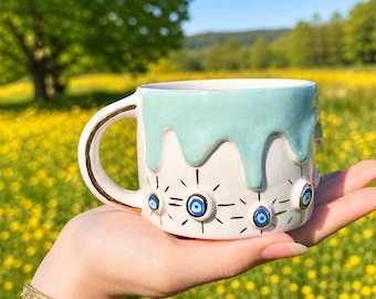 Handmade Ceramic Coffee Mug, 7.5 oz Pottery Cup with 24K Gold Accents, Artisan Gift