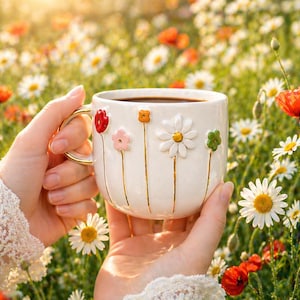 Floral Handmade Ceramic Mug Gift Set, 24KGold Accents, Self-Care Ritual, Tea Gift for Mom, Birthday, Mother's Day, Unique Pottery Coffee Mug