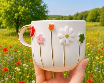 Handmade Ceramic Mug, 24K Gold Daisy Coffee Cup, Floral Pottery Mug, Gift for Her
