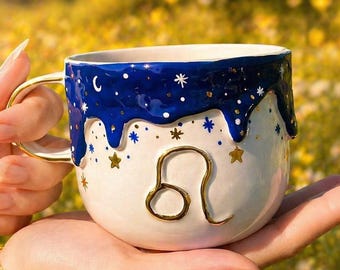 Handmade Zodiac Pottery Mug, 24K Gold Astrology Coffee Cup