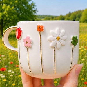 Handmade Ceramic Mug, 24K Gold Daisy Coffee Cup, Floral Pottery Mug, Gift for Her