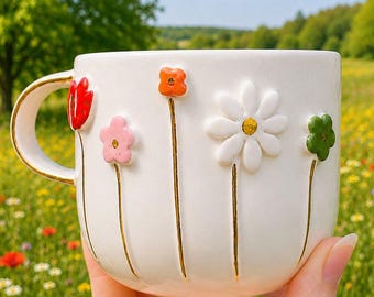 Handmade Ceramic Mug, 24K Gold Daisy Coffee Cup, Floral Pottery Mug, Gift for Her