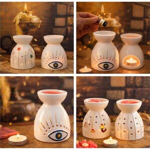 Handmade Ceramic Oil Burner, Evil Eye Floral Aromatherapy Wax Melt Warmer image 8