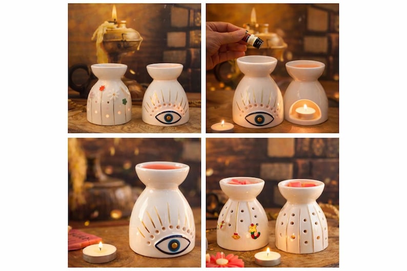 Handmade Ceramic Oil Burner, Evil Eye Floral Aromatherapy Wax Melt Warmer image 8
