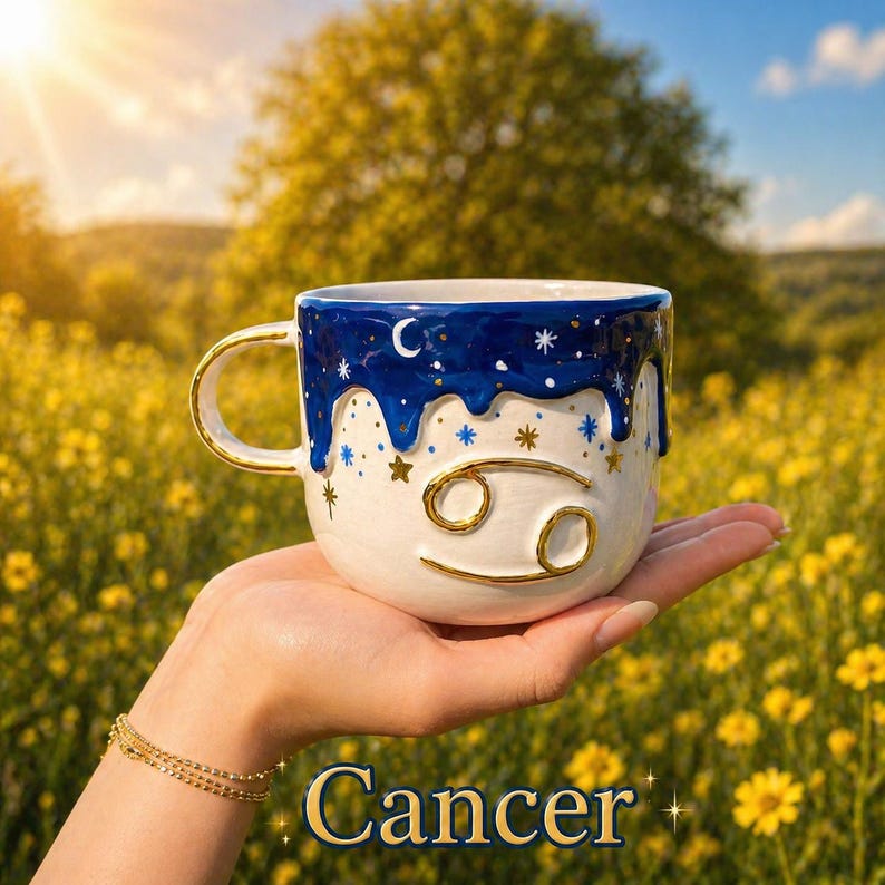 May include: A white ceramic mug with a gold handle and the Cancer zodiac symbol. The mug features a blue rim with a starry night design and the word "Cancer" in gold lettering.