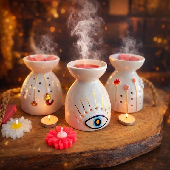 Handmade Ceramic Oil Burner, Evil Eye Floral Aromatherapy Wax Melt Warmer