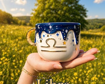 Handmade Zodiac Pottery Mug, 24K Gold Astrology Coffee Cup
