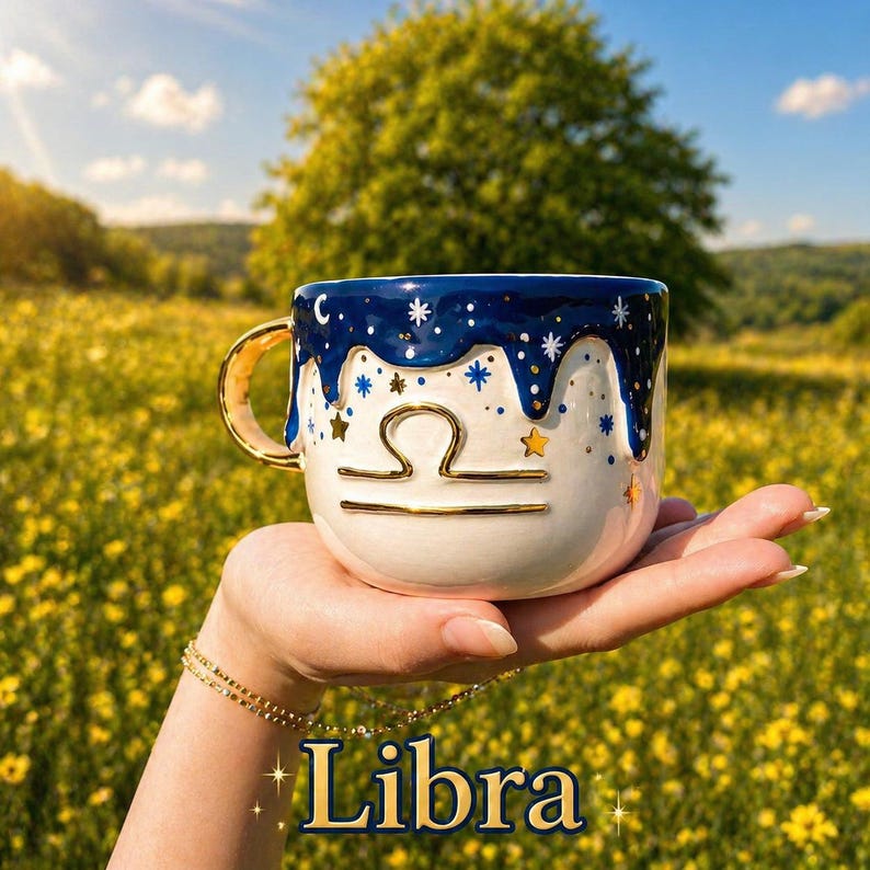 May include: A ceramic mug featuring a white base with a dark blue drip pattern at the top. The mug is decorated with gold stars and a gold Libra zodiac symbol on the front. It has a gold-colored handle and the word Libra printed at the bottom.