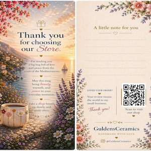 May include: A decorative card with a scenic Mediterranean landscape and a floral mug. The card reads "Thank you for choosing our Store." and "A little note for you." Includes a QR code to visit the shop.