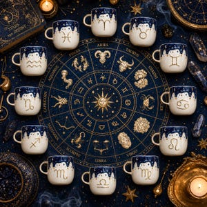 May include: A collection of twelve ceramic mugs featuring a dark blue starry night sky design on the rim and gold embossed zodiac symbols. The mugs are arranged around a circular astrological chart printed on a dark blue background with gold lines.